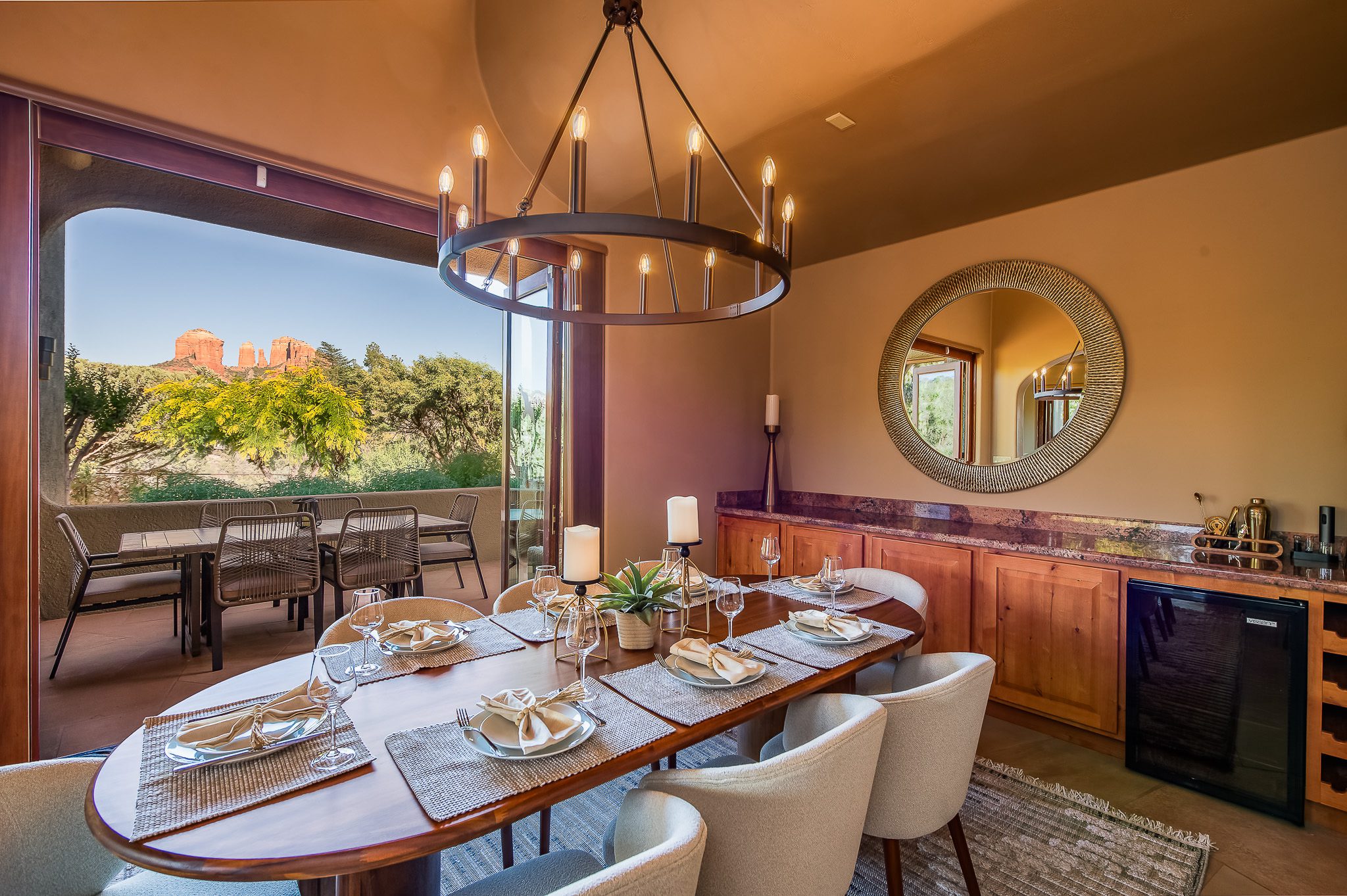 Open-concept kitchen and dining area in Sedona real estate listing